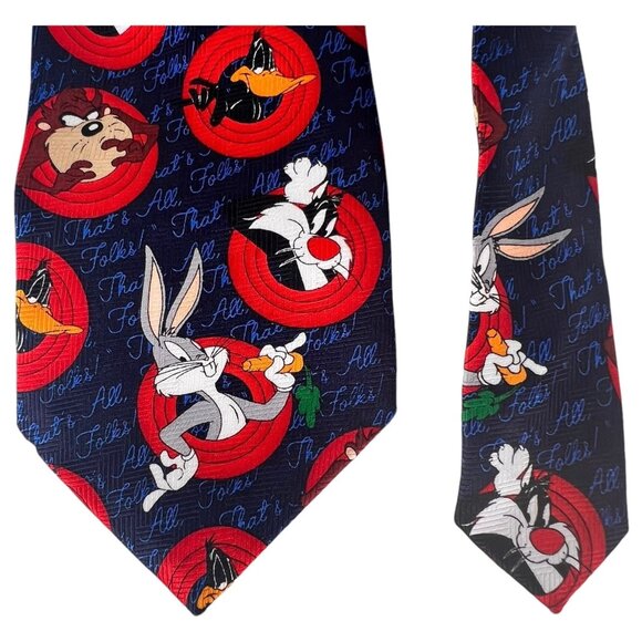 1999 Looney Tunes Character Tie Bugs Bunny Tasmanian Devil  Blue Polyester Korea - Picture 2 of 7